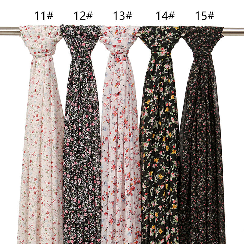YW332 Fresh floral chiffon print long scarf for women in stock Hot selling small floral long shawl plain hijab hijab/tudung printed hijab