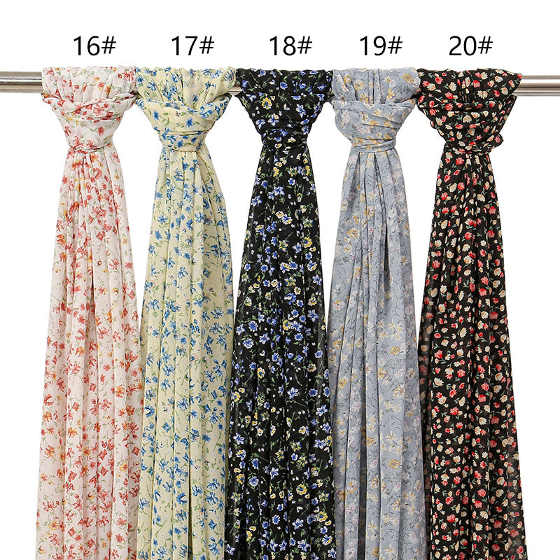 YW332 Fresh floral chiffon print long scarf for women in stock Hot selling small floral long shawl plain hijab hijab/tudung printed hijab