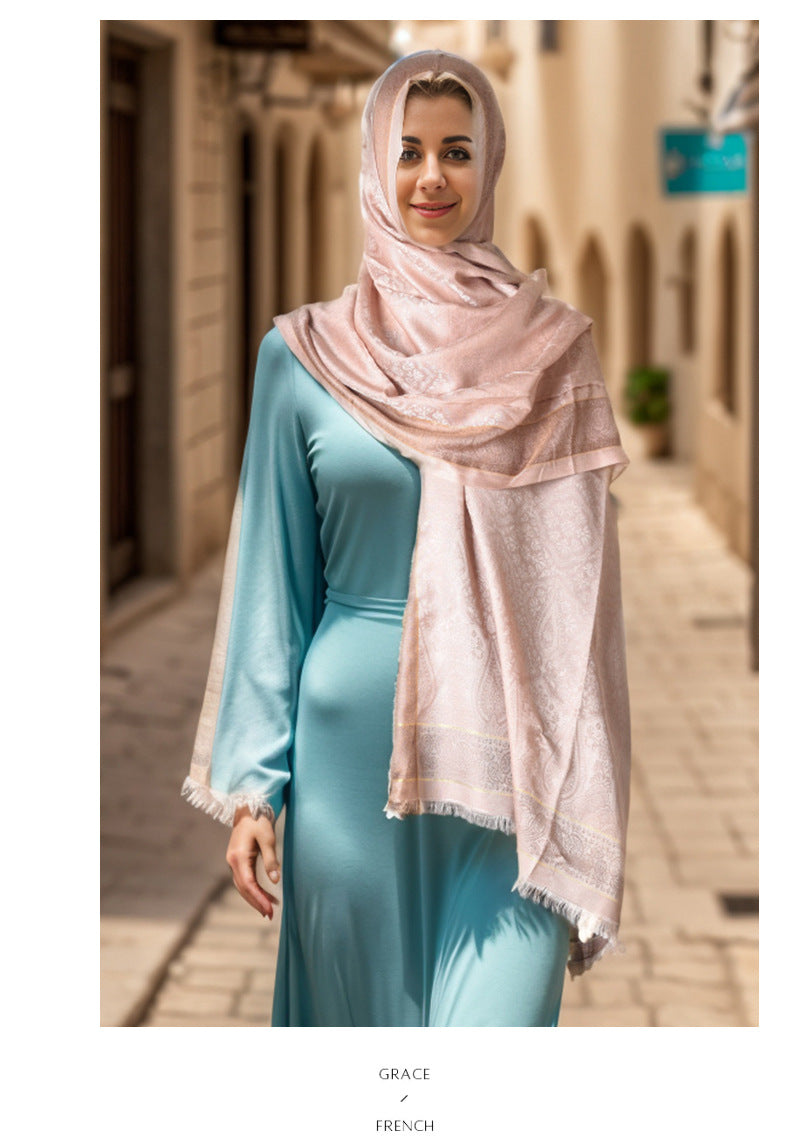 03-7 Selendang sutera berjalur selendang persegi selendang pelindung matahari gaya eksotik mewah mewah Eropah dan Amerika Syarikat jualan panas selendang sutera besar kasual tudung polos bercetak selendang bercetak tudung hijab/tudung