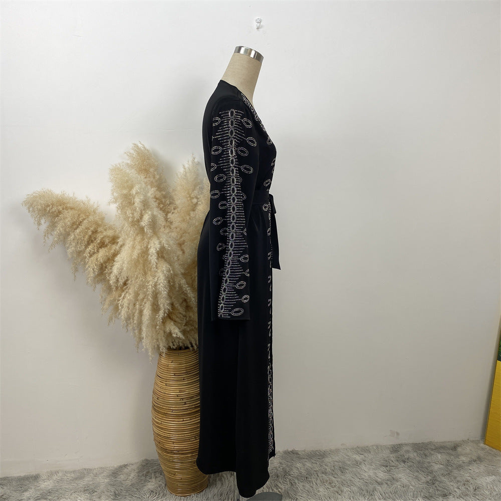 1424 Rhinestone Tie Cardigan Dress with Pockets - MinYang Fashion Apparel Accessory Manufacturer