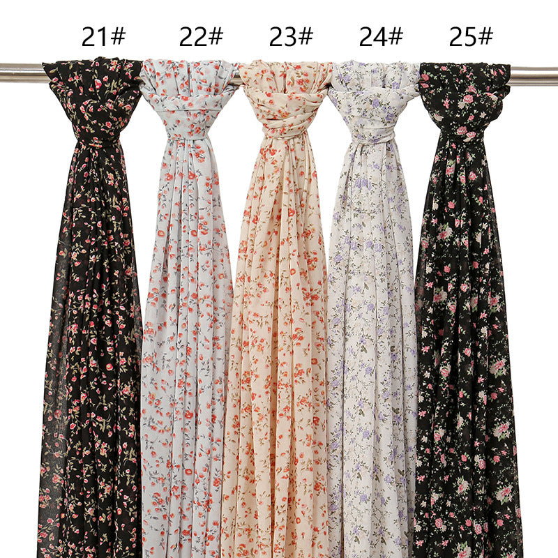 YW332 Fresh floral chiffon print long scarf for women in stock Hot selling small floral long shawl plain hijab hijab/tudung printed hijab