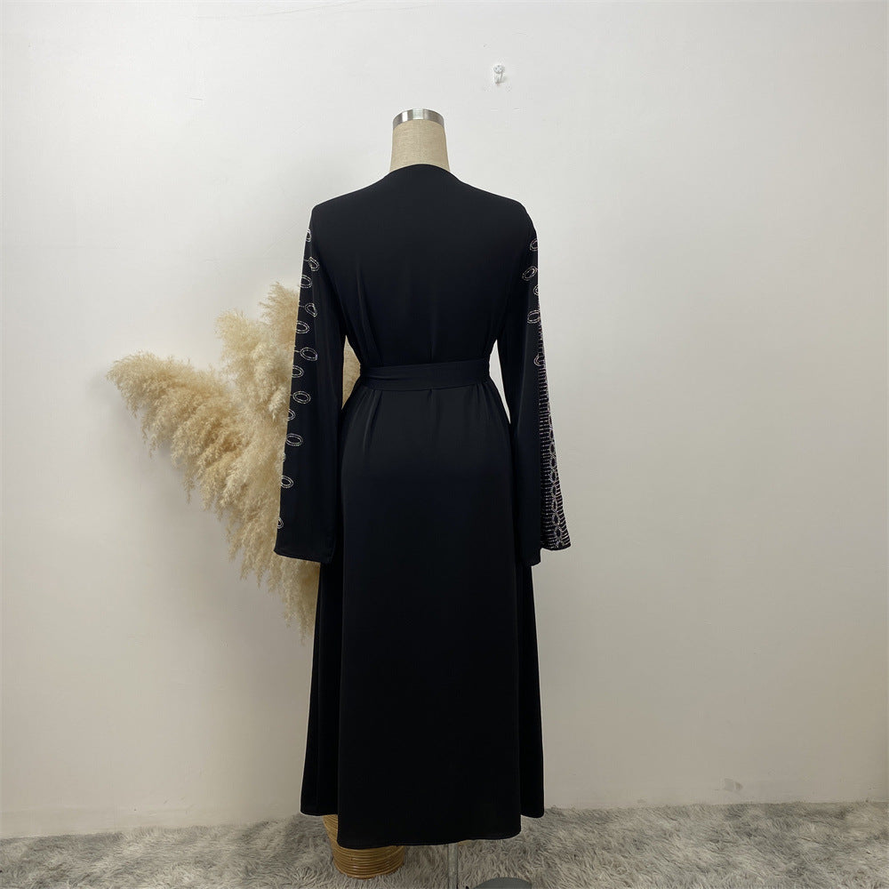 1424 Rhinestone Tie Cardigan Dress with Pockets - MinYang Fashion Apparel Accessory Manufacturer