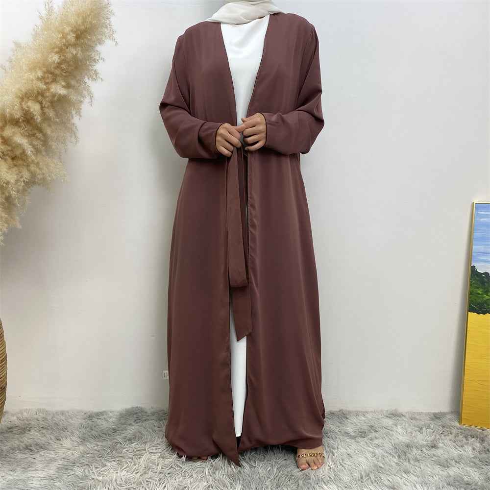 1991 Solid color reversible cardigan with pockets and tie abaya