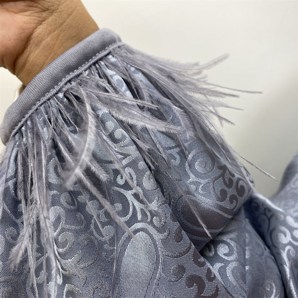 1950 printed satin feather muslim abaya dress
