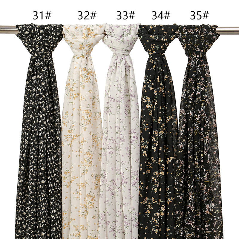 YW332 Fresh floral chiffon print long scarf for women in stock Hot selling small floral long shawl plain hijab hijab/tudung printed hijab