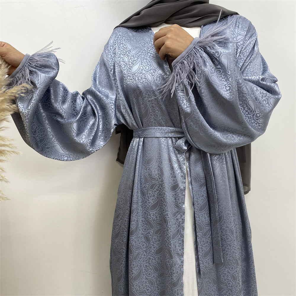 1950 printed satin feather muslim abaya dress