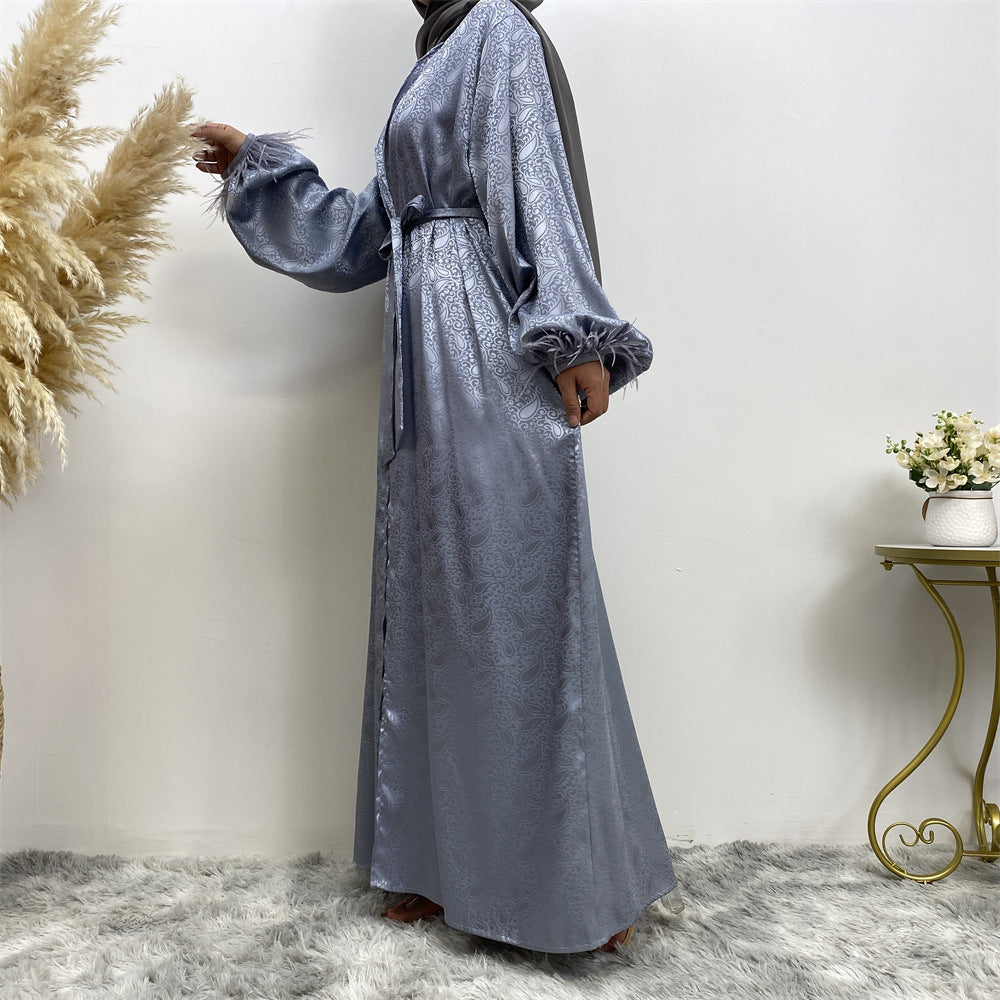 1950 printed satin feather muslim abaya dress