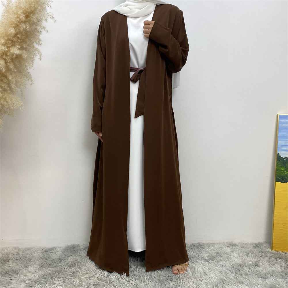 1991 Solid color reversible cardigan with pockets and tie abaya