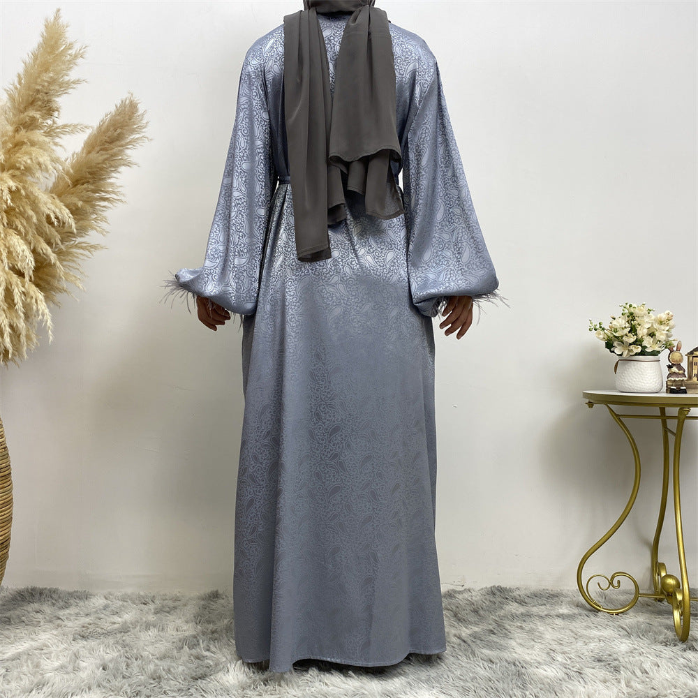 1950 printed satin feather muslim abaya dress
