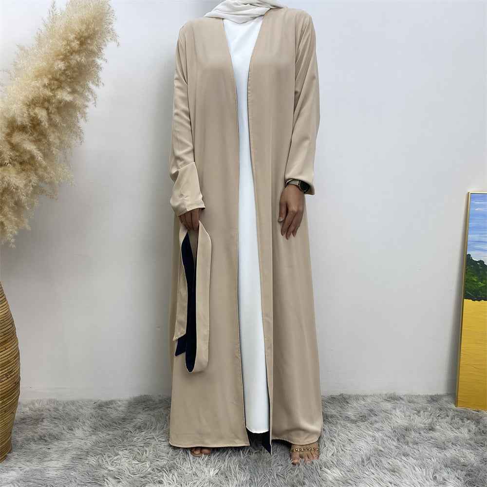 1991 Solid color reversible cardigan with pockets and tie abaya