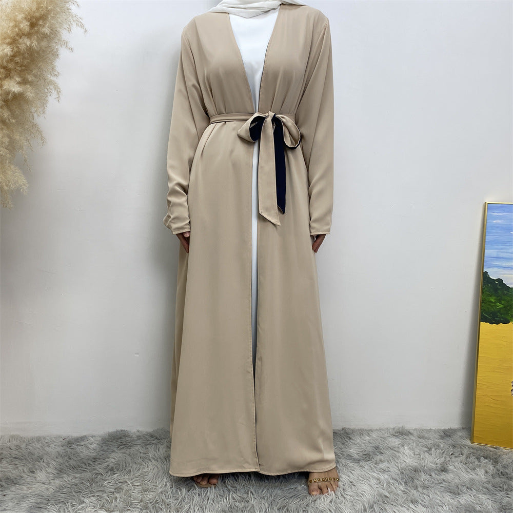 1991 Solid color reversible cardigan with pockets and tie abaya