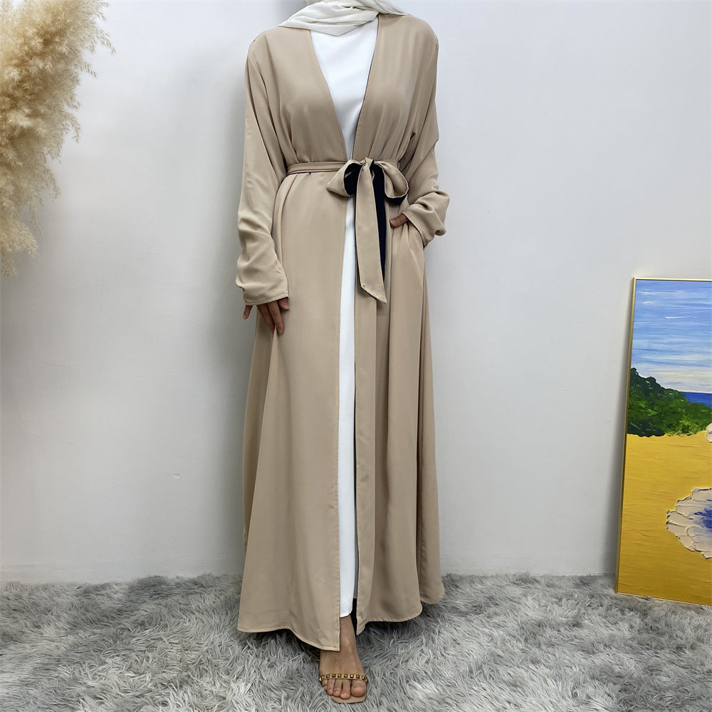 1991 Solid color reversible cardigan with pockets and tie abaya