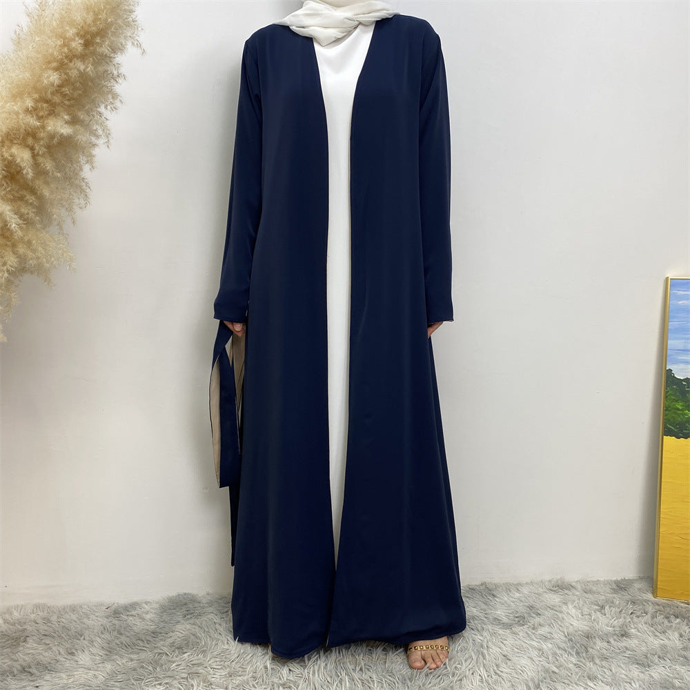 1991 Solid color reversible cardigan with pockets and tie abaya