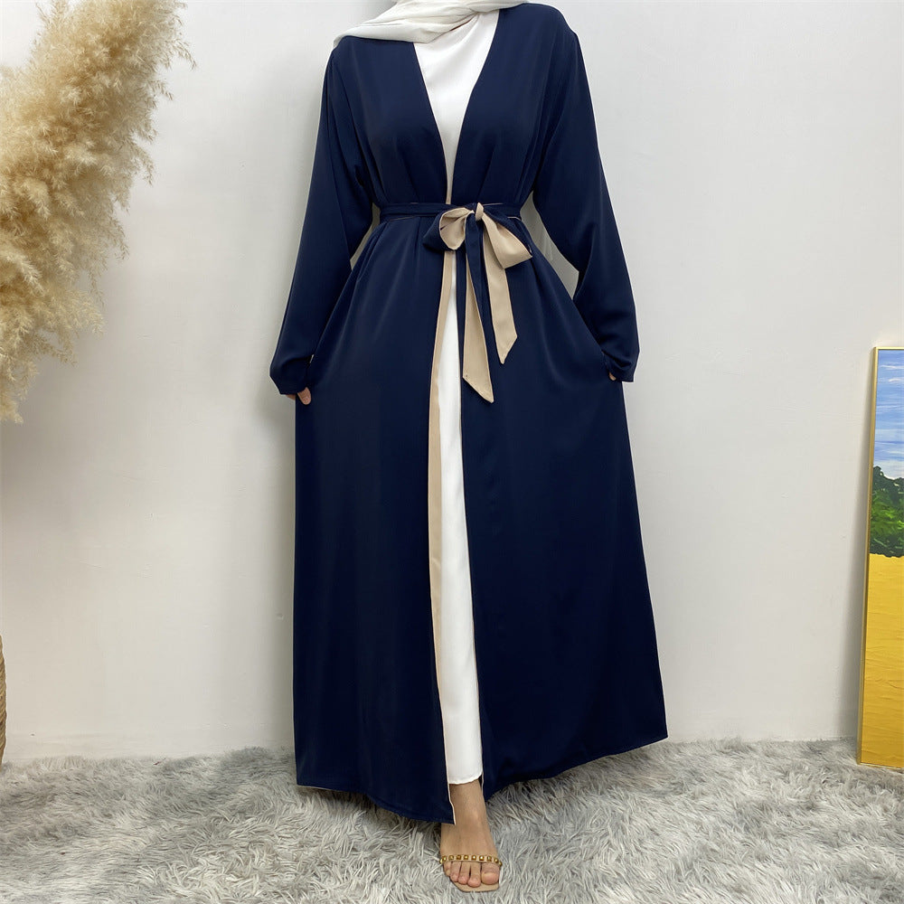 1991 Solid color reversible cardigan with pockets and tie abaya