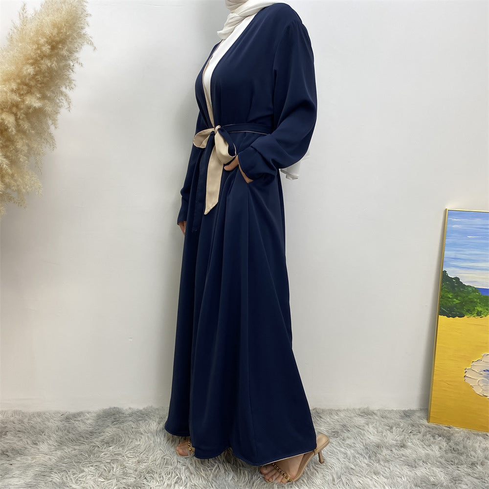 1991 Solid color reversible cardigan with pockets and tie abaya