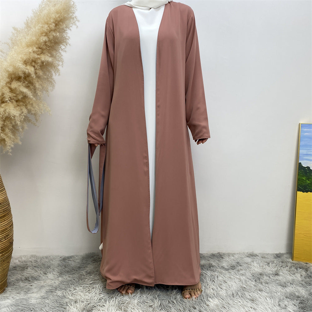 1991 Solid color reversible cardigan with pockets and tie abaya