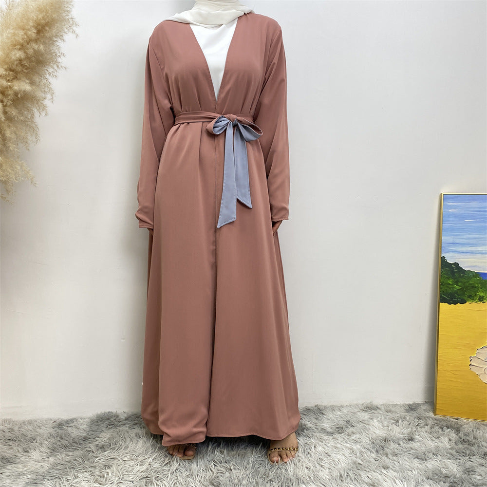 1991 Solid color reversible cardigan with pockets and tie abaya