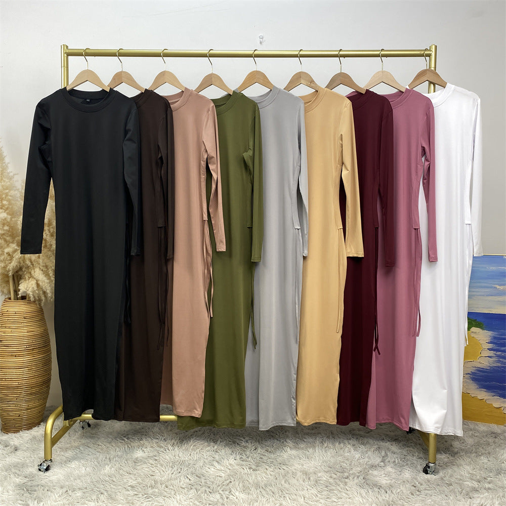 6736 Arabian solid color long-sleeved dress women's side drawstring bottoming shirt - MinYang Fashion Apparel Accessory Manufacturer
