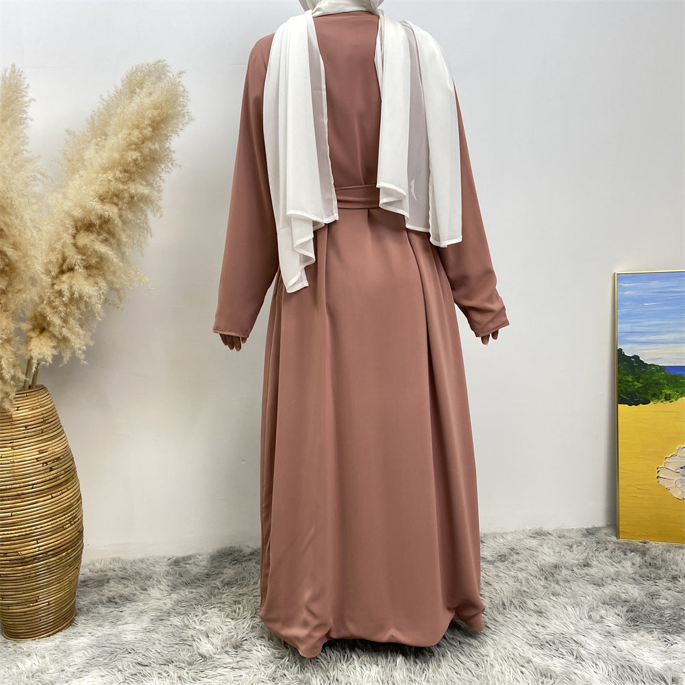 1991 Solid color reversible cardigan with pockets and tie abaya