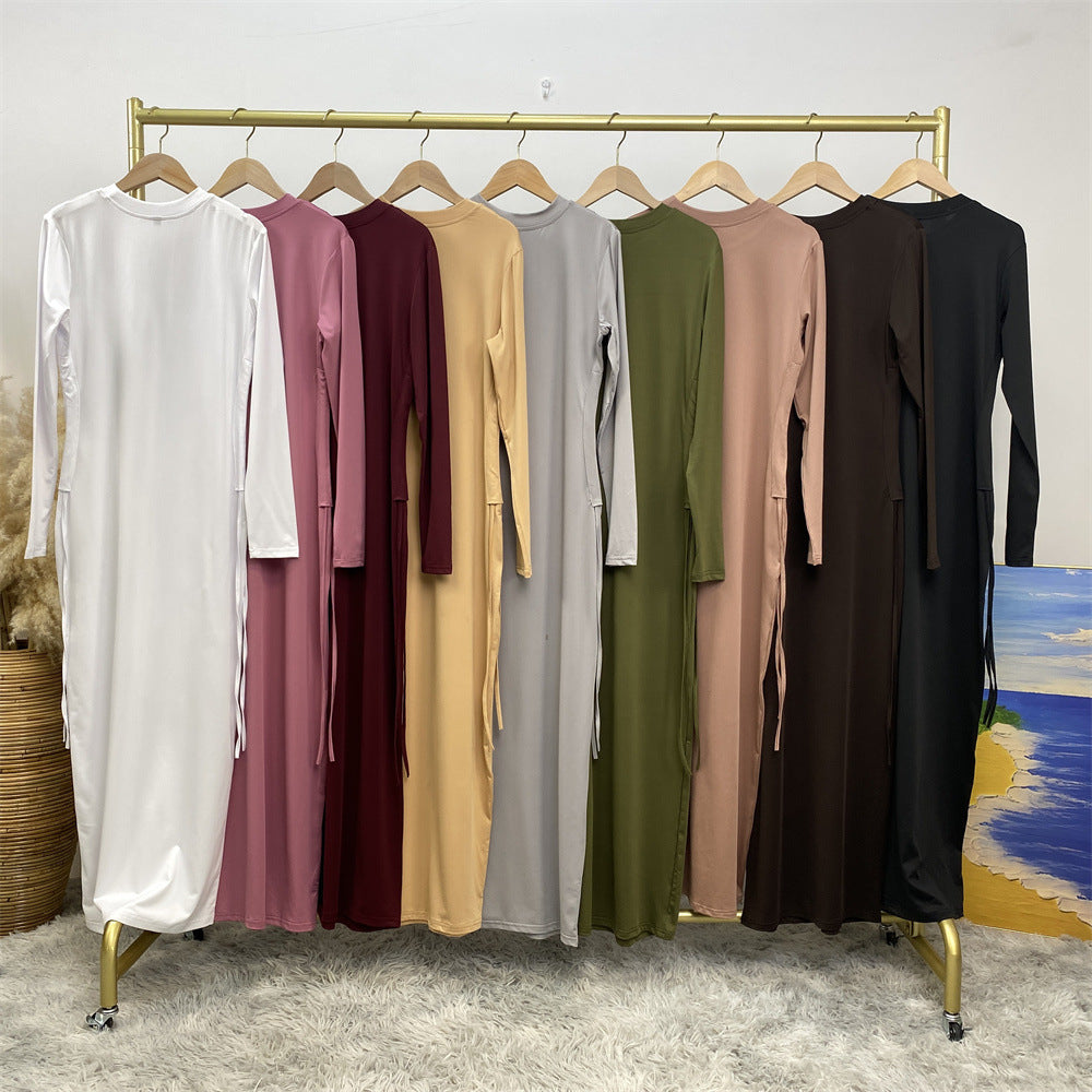 6736 Arabian solid color long-sleeved dress women's side drawstring bottoming shirt - MinYang Fashion Apparel Accessory Manufacturer