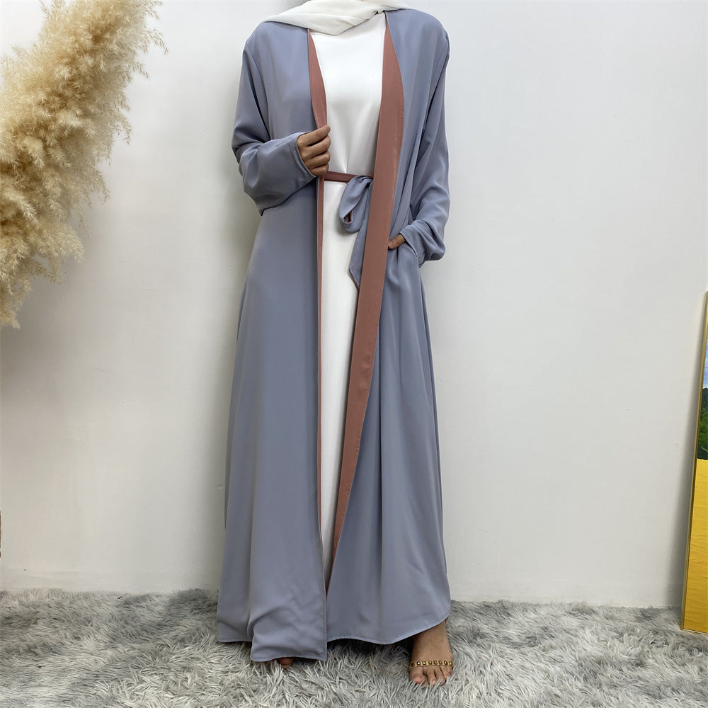 1991 Solid color reversible cardigan with pockets and tie abaya