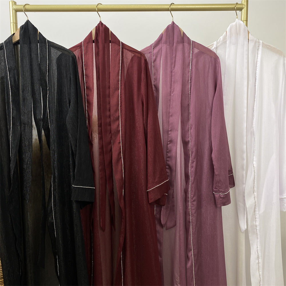 1425 Diamond Muslim Tie-Drawstring Mesh Cardigan Robe