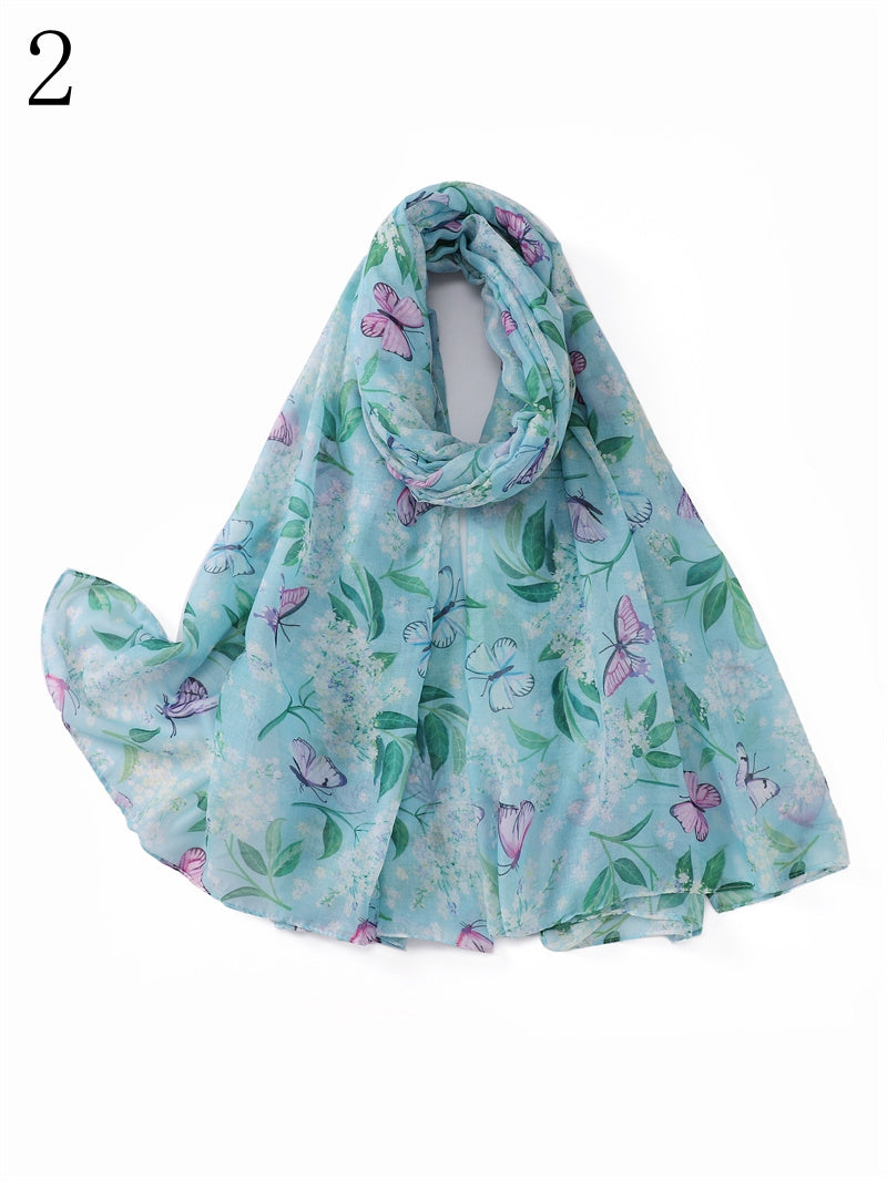 MYP029 Bufanda fina estampada con mariposas y flores.