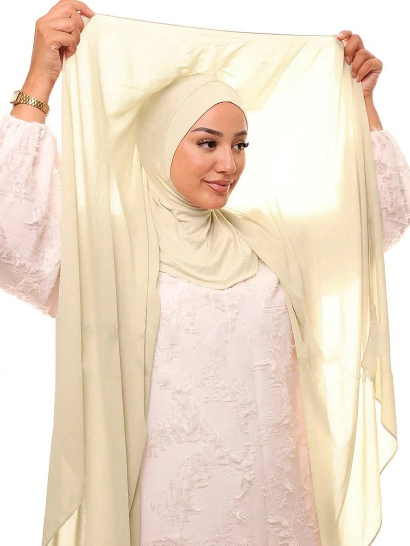 YZ136 Solid color pearl chiffon hijab and base hat combination