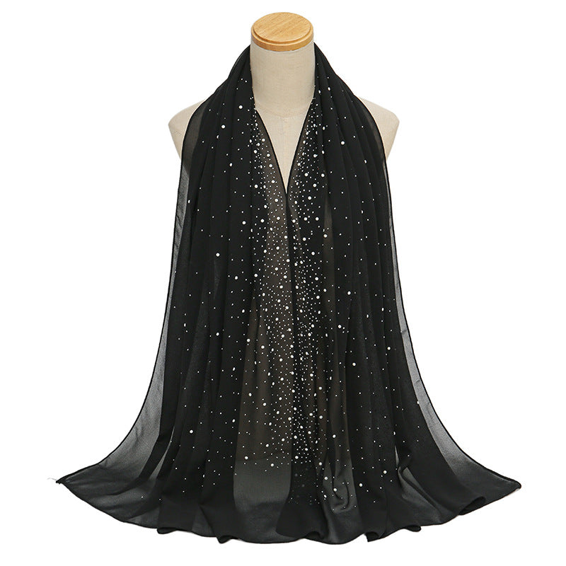 YS021 Pearl Chiffon Diamond Long Scarf for Women - MOQ:2 - MinYang Fashion Apparel Accessory Manufacturer