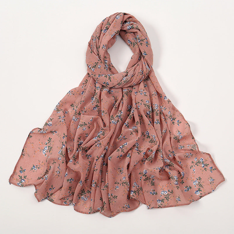 YW332 Fresh floral chiffon print long scarf for women in stock Hot selling small floral long shawl plain hijab hijab/tudung printed hijab