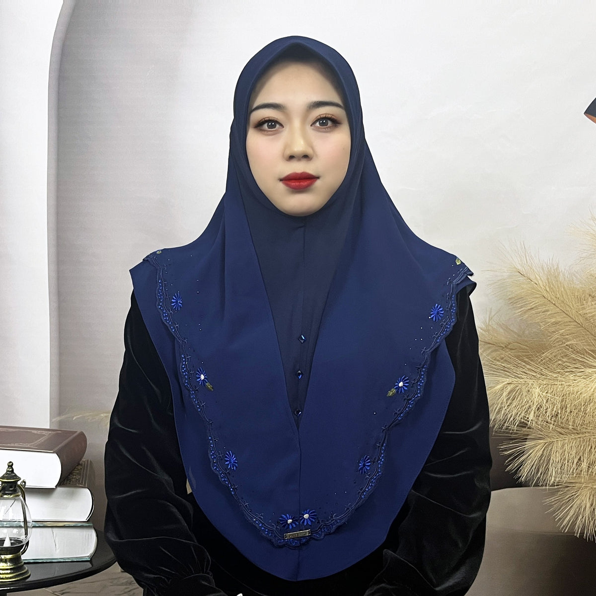 TE31-061 Solid color chiffon headscarf embroidered double layer headscarf - MinYang Fashion Apparel Accessory Manufacturer