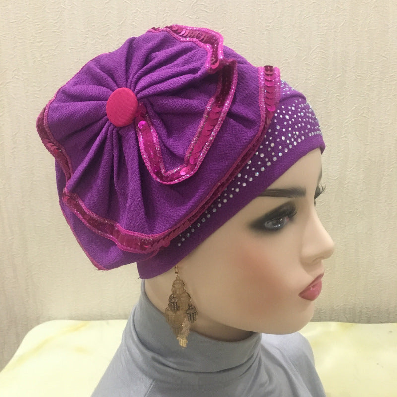 H140 estampado de diamantes de imitación sombrero turbante de flores