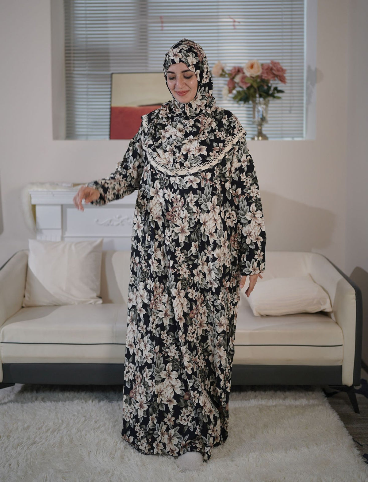 9797 Middle East plus size women's new Muslim lace hooded prayer robe fashion African flower robe dress - MinYang Fashion Apparel Accessory Manufacturer