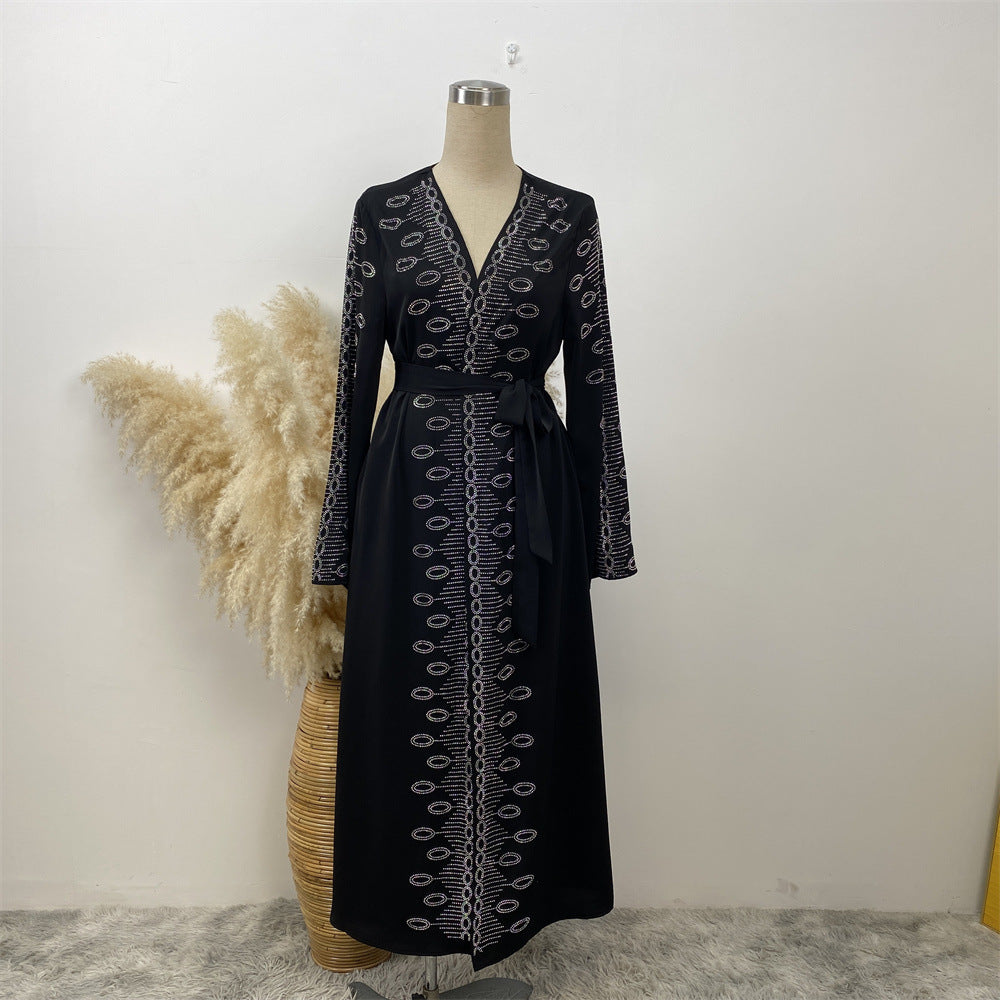 1424 Rhinestone Tie Cardigan Dress with Pockets - MinYang Fashion Apparel Accessory Manufacturer