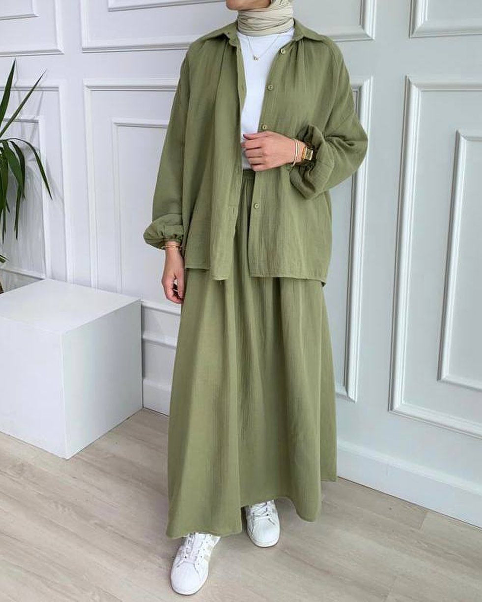 L8018 Puff Sleeve Shirt Skirt Set