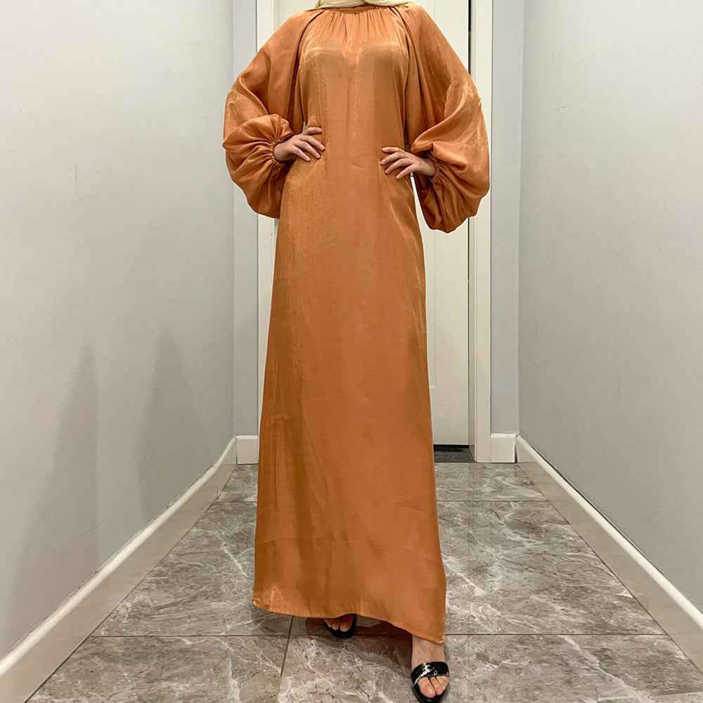 1342 Puff sleeve Bright silk muslim abaya dress