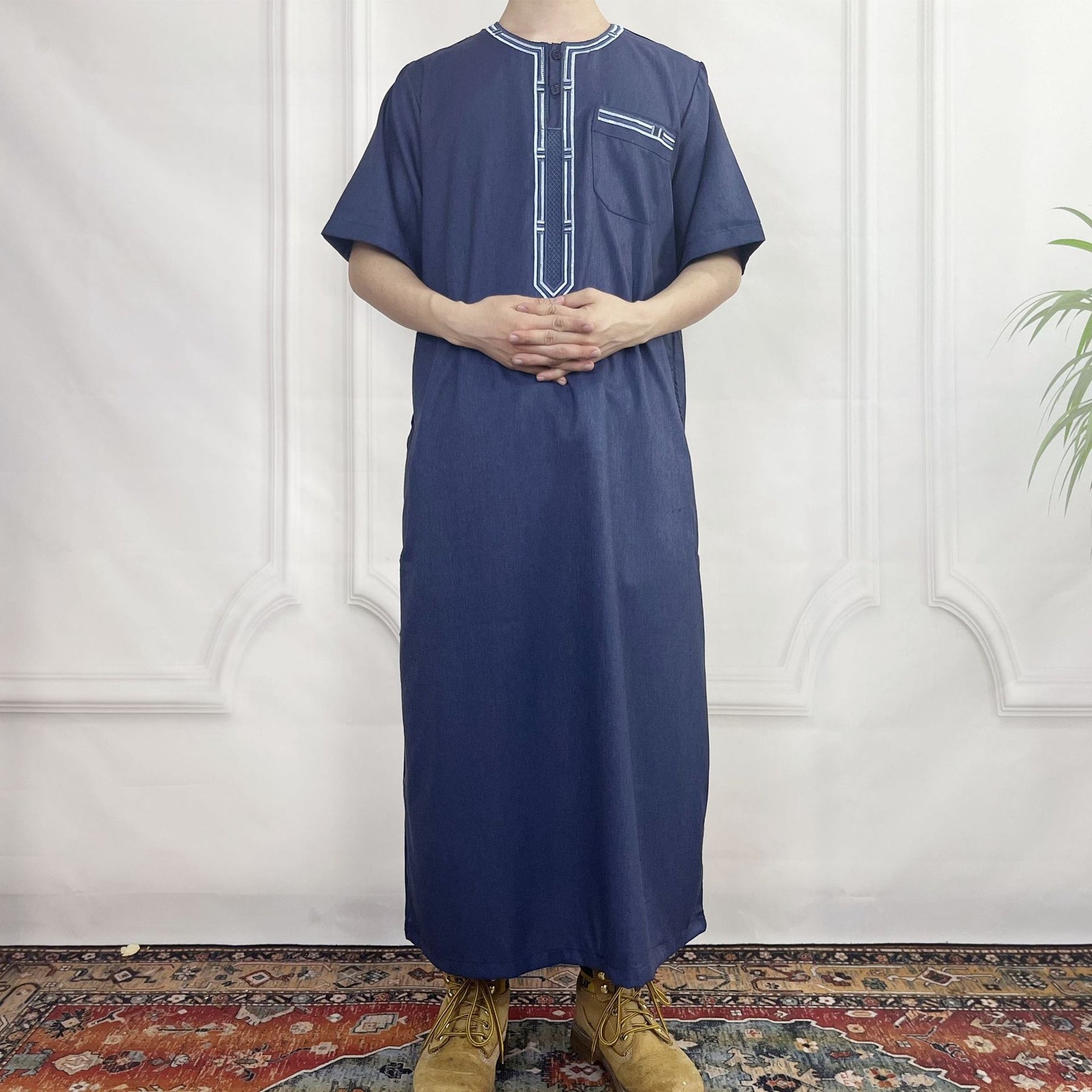 FN52-34 Cross-border short-sleeved embroidered round-neck men's robe abaya