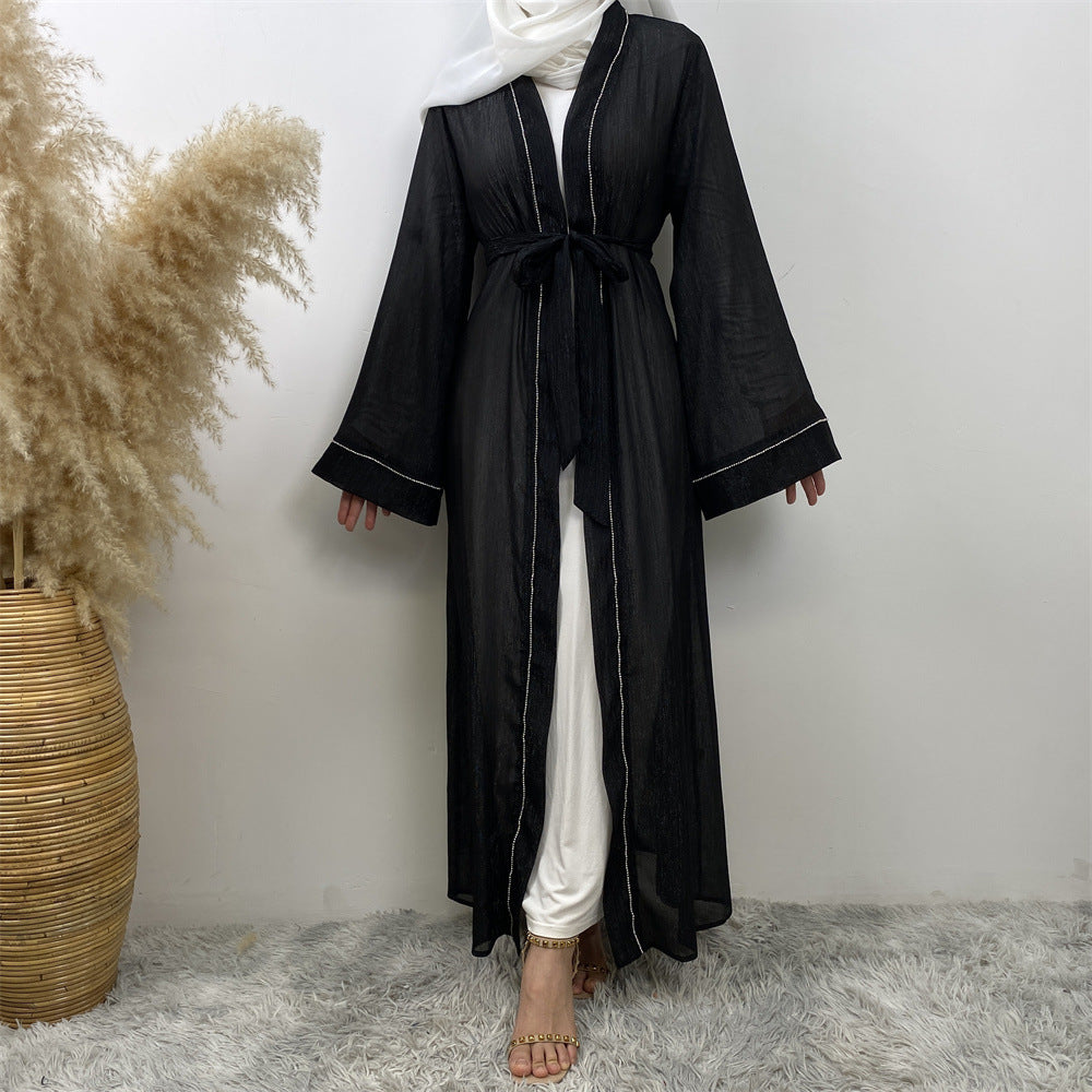 1425 Diamond Muslim Tie-Drawstring Mesh Cardigan Robe