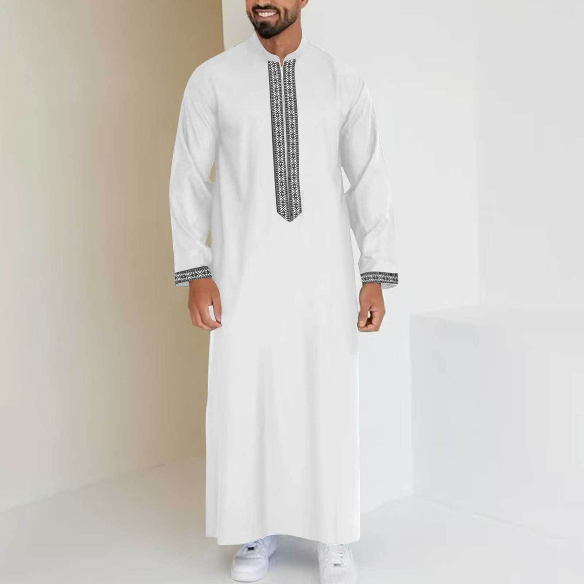 066 Men's Long Stand Collar Zipper Abaya
