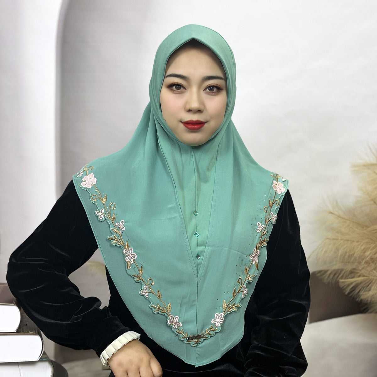 TE23-039 Plain Embroidered Lace Ethnic Headscarf - MinYang Fashion Apparel Accessory Manufacturer