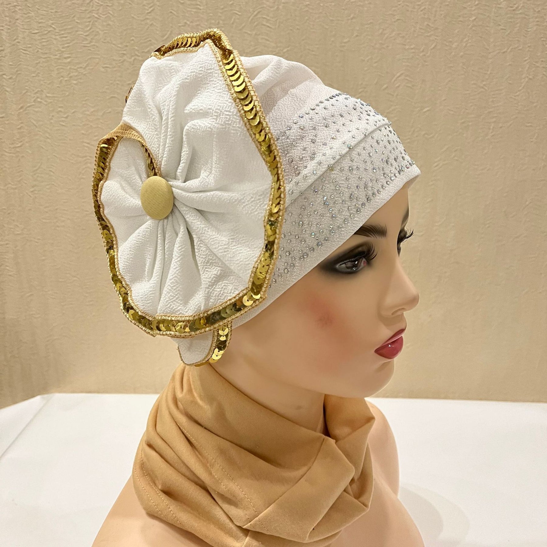 H140 estampado de diamantes de imitación sombrero turbante de flores