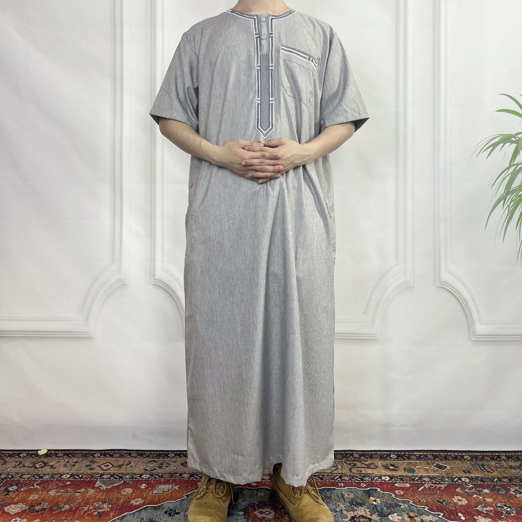 FN52-34 Cross-border short-sleeved embroidered round-neck men's robe abaya