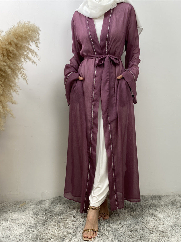 1425 Diamond Muslim Tie-Drawstring Mesh Cardigan Robe