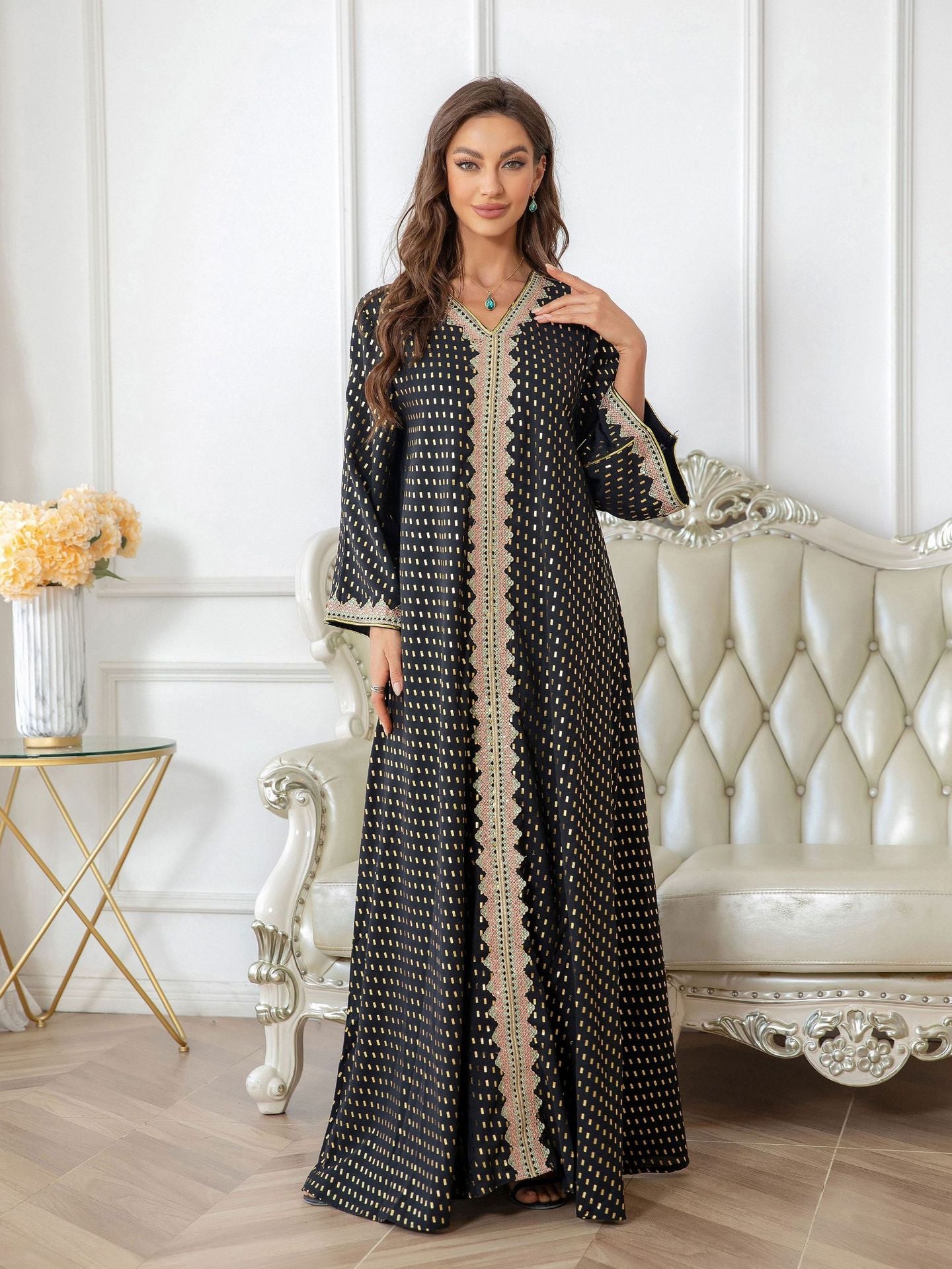 ZD004 Muslim robe gold stamping simple lace slim fit Dubai women's dress abaya Dresses/gowns