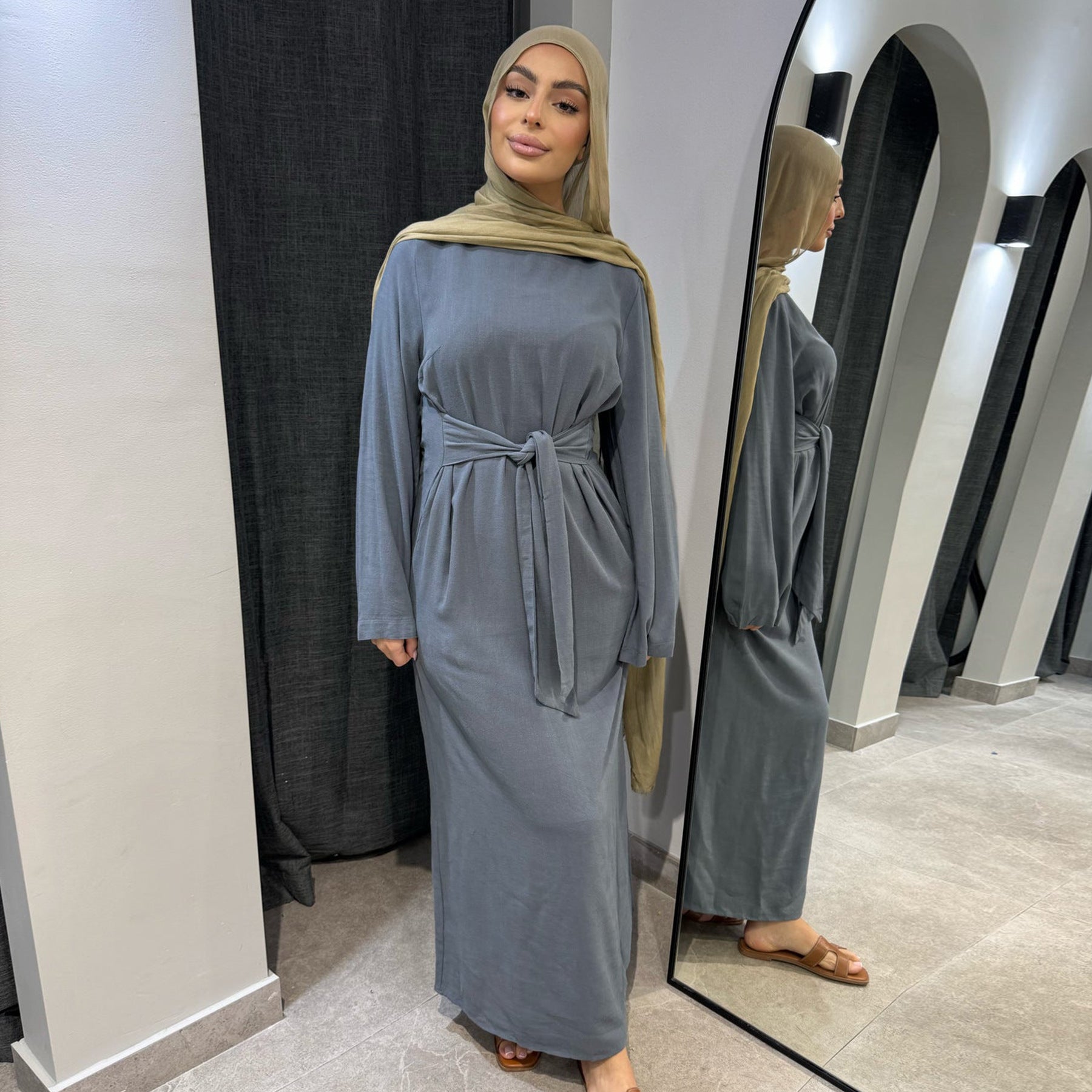LR936 Fashionable lace-up cotton and linen abaya