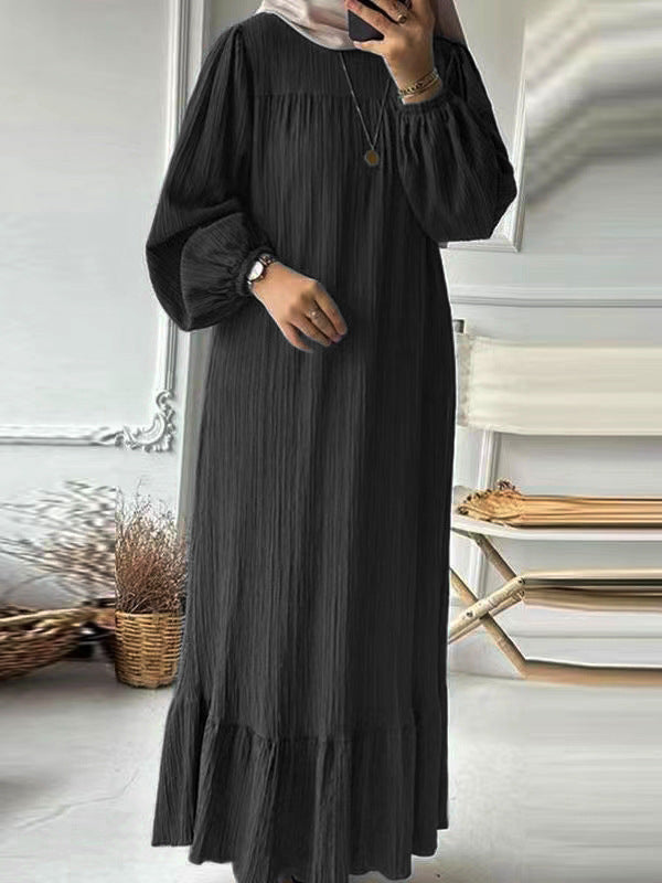 L8019 Puff Sleeve Vintage Pocket Hem Ruffle Dress