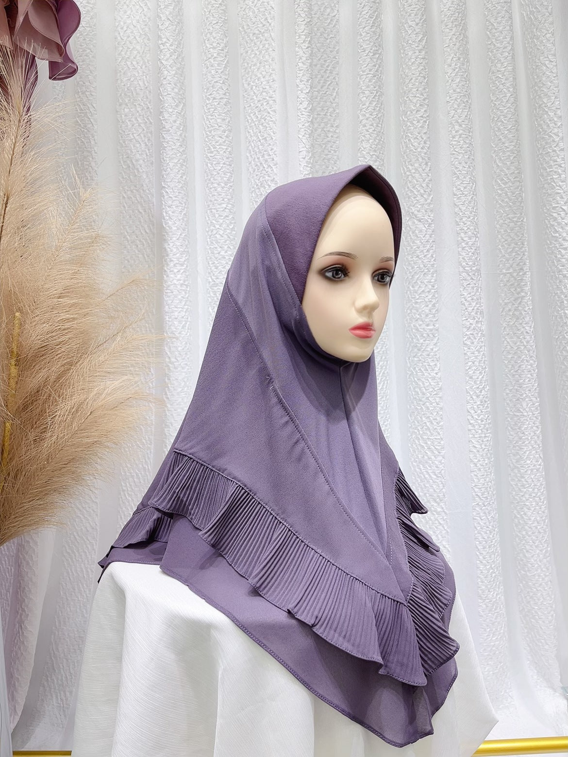 LNTJ001 Double layer pleated solid color chiffon headscarf
