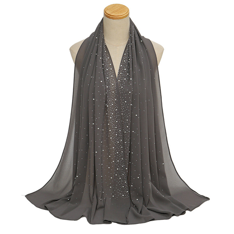 YS021 Pearl Chiffon Diamond Long Scarf for Women - MOQ:2 - MinYang Fashion Apparel Accessory Manufacturer