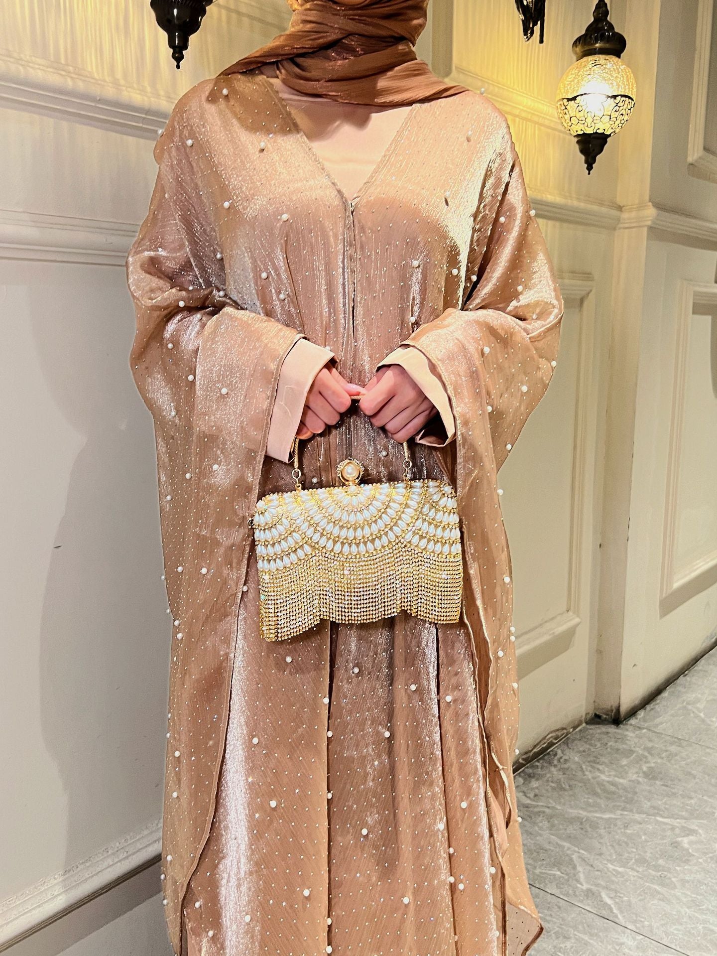 ZZXK Muslim Abaya Pearl Starry Sky Dress