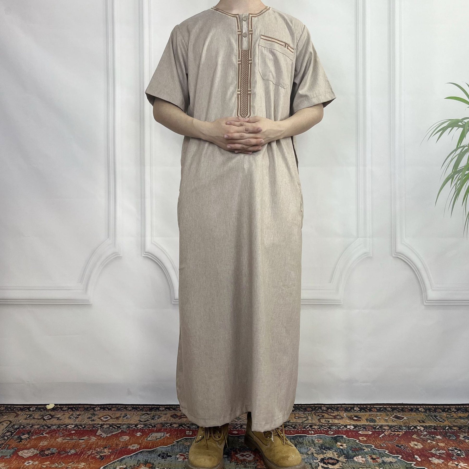 FN52-34 Cross-border short-sleeved embroidered round-neck men's robe abaya